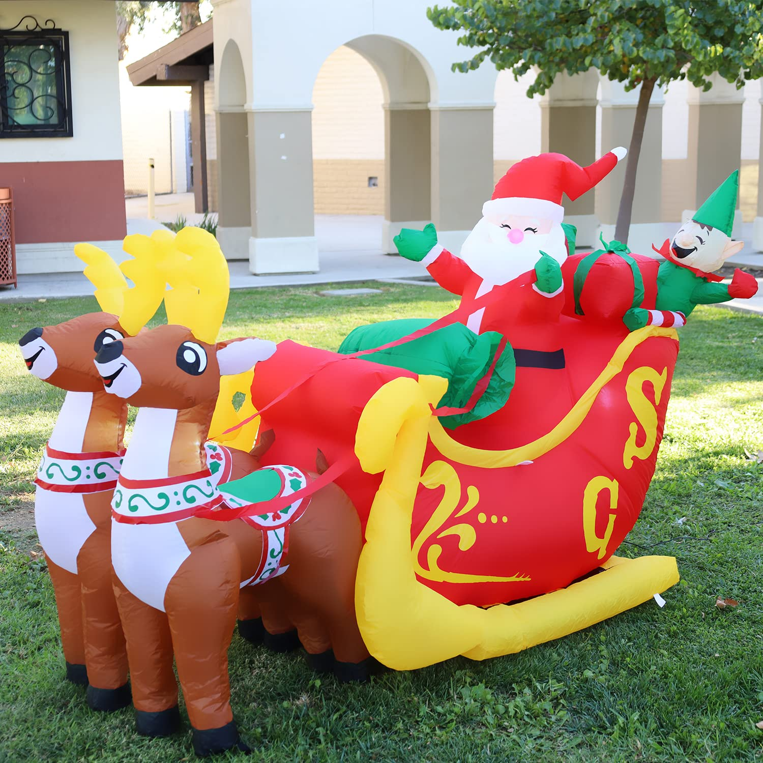 GOOSH 7 FT Christmas Inflatables Outdoor Deer Cart with Santa, Blow Up