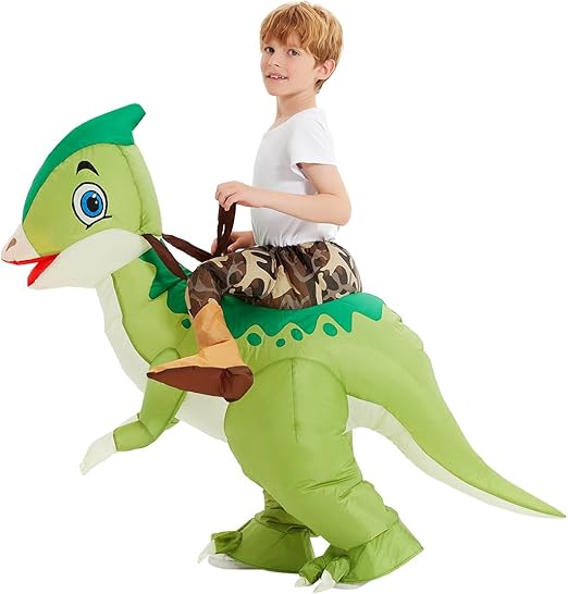 Inflatable Dinosaur Costume Kids, Ride on Parasaurolophus Blow Up Dino Costume Green Funny Fancy Dress for Halloween