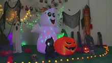 Load and play video in Gallery viewer, GOOSH Halloween Inflatable 5FT Ghost with Black Cat and Pumpkin, Built-in LEDs Blow Up Yard Decoration for Party Outdoor Yard Garden Lawn
