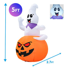 Load image into Gallery viewer, GOOSH 5 FT Halloween Inflatable Outdoor Ghost Sitting on The Pumpkin, Blow Up Yard Decoration Clearance with LED Lights Built-in for Holiday/Party/Yard/Garden
